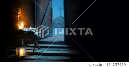 Manger with straw. Christmas background 124257439