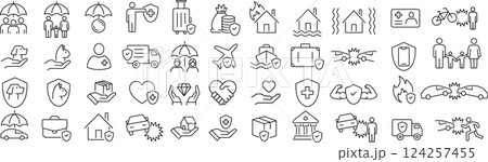 ベクターでモノクロの保険に関する線画アイコンセット 124257455