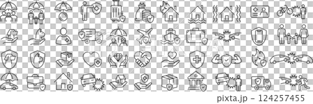 Vector monochrome line icon set about insurance 124257455