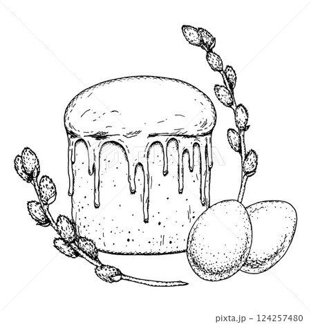 A hand-drawn ink illustration of a traditional Easter cake with glaze, eggs and willow branches. Ideal for greeting cards, packaging, holiday decor, textiles, culinary illustrations, and invitations 124257480