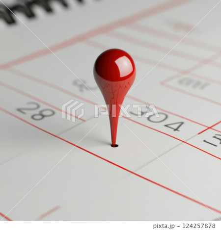 A red ball is placed on a white calendar with the number 30 on it 124257878