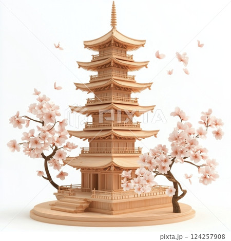 A wooden tower with a pink cherry blossom tree in front of it 124257908