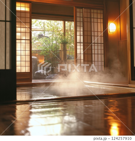 A room with a large window and a small garden outside 124257910