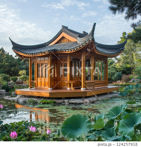 A small wooden building with a roof and a balcony sits on a pond 124257918