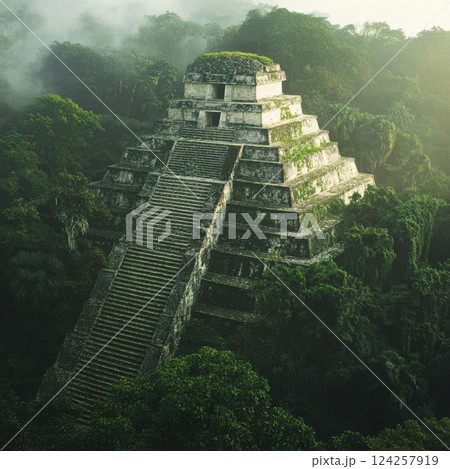 A large pyramid is surrounded by lush green trees 124257919