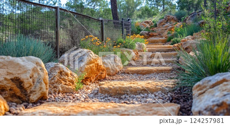 An earthy garden path with small gravel steps bordered by large stones and wild grasses, leading up to a serene outdoor retreat 124257981