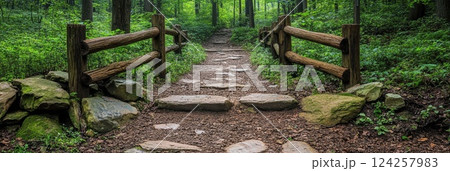 A serene forest pathway surrounded by lush greenery, wooden railings, and natural stone steps, perfect for tranquil outdoor exploration A serene forest pathway surrounded by lush greenery, wooden railings, and natural stone steps, perfect for tranquil outdoor exploration 124257983