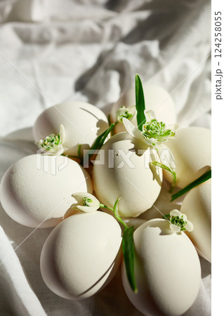 Eggs arranged with delicate flowers 124258055