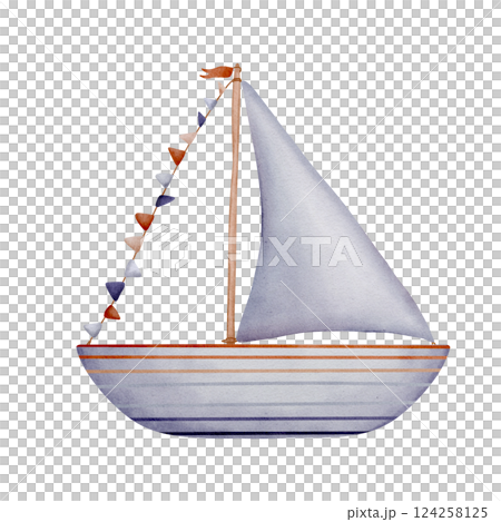 Watercolor illustration sailboat. Hand drawn flair sea boat with multicolor flags and light blue sail isolated on background for babes production. Sketch of Boat or Sailing ship for childish design Watercolor illustration sailboat. Hand drawn flair sea boat with multicolor flags and light blue sail isolated on background for babes production. Sketch of Boat or Sailing ship for childish design 124258125