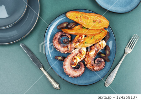 Summer barbecue with octopus. Summer barbecue with octopus. 124258137