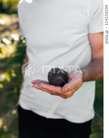 Caucasian male holding black apple outdoors in summer garden 124258294