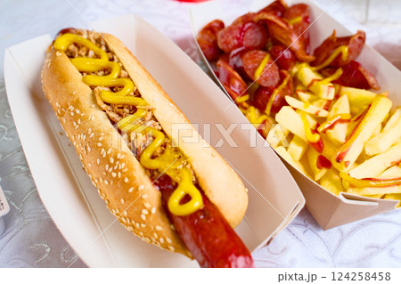 Delicious hot dog with mustard, sausage, and fries 124258458
