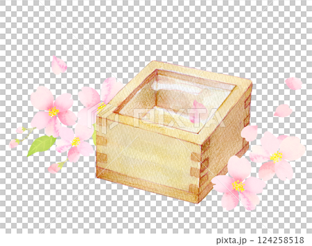 水彩イラスト　枡酒と満開の桜 124258518