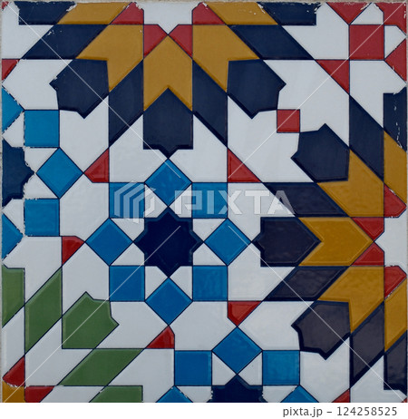 Intricate Eastern Geometric Tile Pattern with Blue and White Colors 124258525