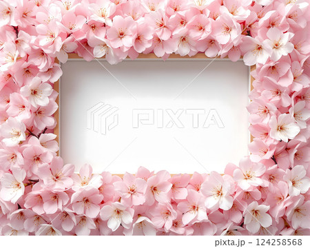 薄いピンクの桜の花が周りにある木目のフレーム 薄いピンクの桜の花が周りにある木目のフレーム 124258568