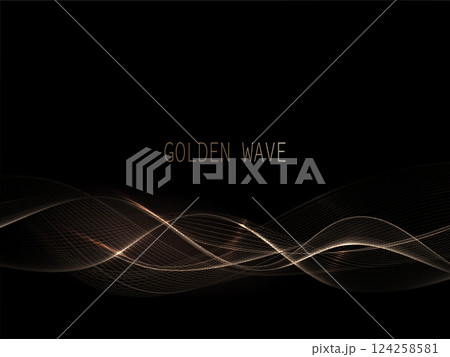 Isolated element, wavy illustration in delicate golden color with tinsel on black background 124258581
