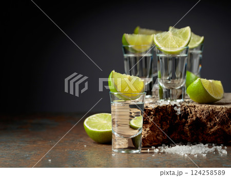 Tequila shots with lime and salt. 124258589