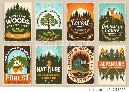 Set of logo, badge design with inspirational adventure quotes. Concept for shirt or logo, print, stamp or tee with oak leaf and acorns, pin forest, coffee or tea mug, hiking poles, deer. Vector 124258632