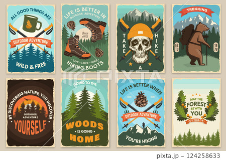 Set of hiking outdoor adventure flyer, poster, banner with hiker bear with backpack, mountain, hiking poles and pine cone. Vector. 124258633