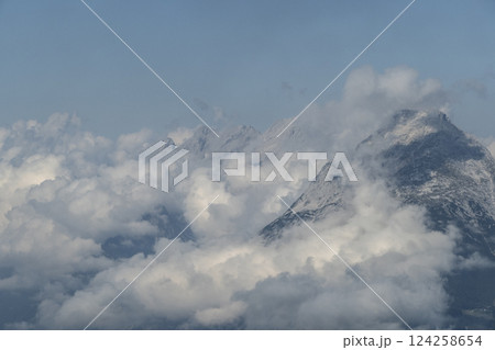 Panoramic view from Nordlinger hut on Karwendel Hohenweg, Austria 124258654