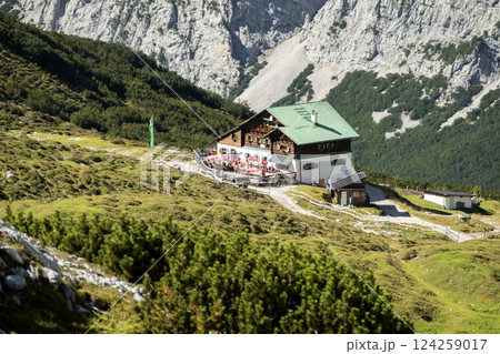 Pfeis hut, Pfeishutte at Karwendel mountains on Karwendel Hohenweg, Austria Pfeis hut, Pfeishutte at Karwendel mountains on Karwendel Hohenweg, Austria 124259017