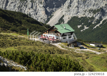 Pfeis hut, Pfeishutte at Karwendel mountains on Karwendel Hohenweg, Austria Pfeis hut, Pfeishutte at Karwendel mountains on Karwendel Hohenweg, Austria 124259018