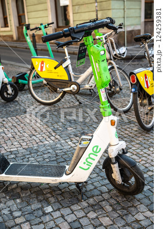 Lime electric scooters parked in historic centre of Prague, capital of Czech Republic Lime electric scooters parked in historic centre of Prague, capital of Czech Republic 124259381