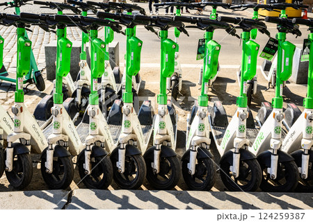 Lime electric scooters parked in historic centre of Prague, capital of Czech Republic Lime electric scooters parked in historic centre of Prague, capital of Czech Republic 124259387