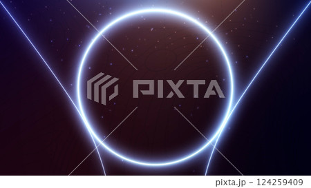 Luxury neon blue ceremony award background. Glowing circle with shiny particles and confetti ceremony intro. Futuristic energy light streak stage glitter animation. 124259409