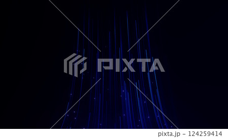 Blue neon digital lines stream flowing up with shiny magic particles on dark background 124259414
