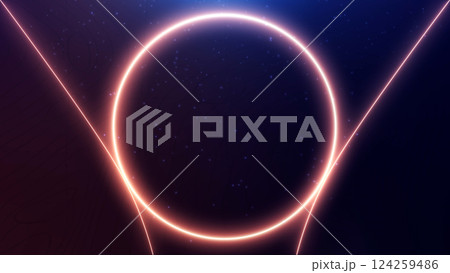 Luxury neon golden ceremony award background. Glowing circle with shiny particles and confetti ceremony intro. Futuristic energy light streak stage glitter animation.	 124259486