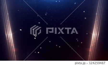 Golden elegant celebration event modern background. Ceremony award luxury gold light sparkling particles and glitter. Light ray glowing shimmering radiance. 124259487