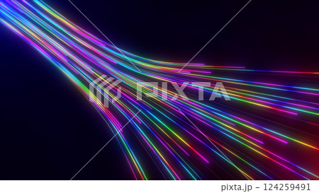 Neon glowing lines flow on dark digital background. RGB data tech concept. Virtual reality dynamic colorful lights flow. Futuristic cyberspace concept. Abstract connection illustration. 124259491