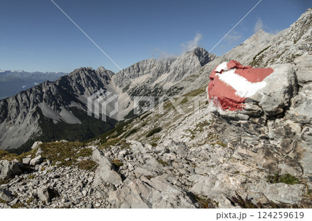 Stempeljoch at Karwendel mountains on Karwendel Hohenweg in Austria 124259619