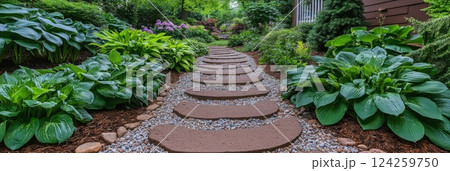 Stone pathway through a garden with lush hosta plants. A classic and charming garden scene 124259750