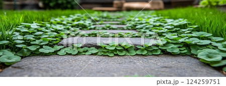 Stone steps covered in lush green groundcover. A natural pathway with a whimsical and enchanting feel 124259751