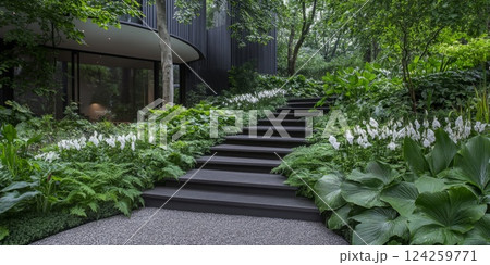 Stone steps lead up through a lush garden landscape. Serene and inviting, ideal for themes of nature and tranquility Stone steps lead up through a lush garden landscape. Serene and inviting, ideal for themes of nature and tranquility 124259771