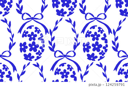 Seamless Easter pattern in vintage style. Vector blue eggs, bows and ribbons 124259791