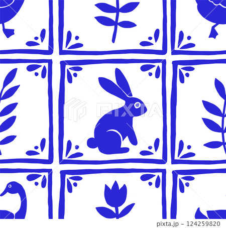 Easter vector seamless pattern in vintage style. Tile with blue Easter bunnies and flowers. Easter vector seamless pattern in vintage style. Tile with blue Easter bunnies and flowers. 124259820