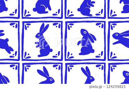 Easter vector seamless pattern in vintage style. Tile with blue Easter bunnies 124259821