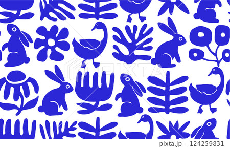 vector seamless pattern abstract flowers animals modern style blue vector seamless pattern abstract flowers animals modern style blue 124259831