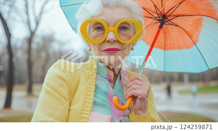 An older woman with white hair and oversized yellow glasses, wearing a pastel-colored outfit An older woman with white hair and oversized yellow glasses, wearing a pastel-colored outfit 124259871