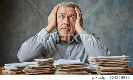 Older man looking stressed with paperwork in front of him Older man looking stressed with paperwork in front of him 124259910
