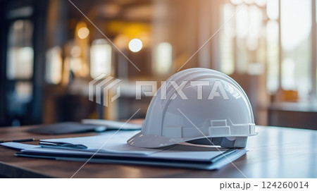 Labour Day. Construction helmet on blueprints in the office Labour Day. Construction helmet on blueprints in the office 124260014
