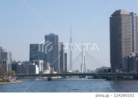 スカイツリーの見える隅田川と高層ビルの風景 スカイツリーの見える隅田川と高層ビルの風景 124260101