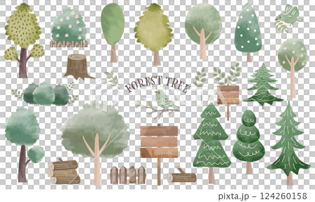 森林樹木插圖素材集（鬆散的水彩觸感） 124260158