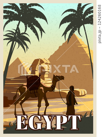 Ancient Egypt Pharaoh Pyramids Sphinx Vintage Poster. Travel to Egypt Country, Sahara desert, camel with egyptian. Retro card illustration vector 124260168