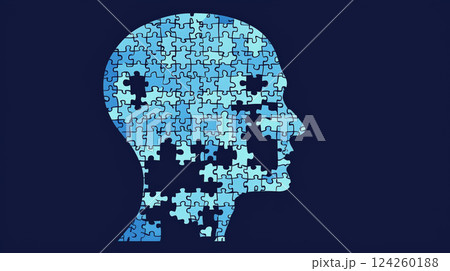 An abstract vector design illustrating the human head profile with a jigsaw puzzle piece fitting into the brain. Generative AI	 124260188
