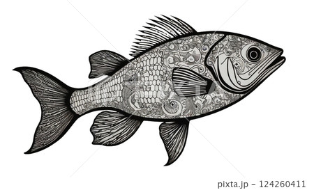 太い線画と流れるひれが特徴の精巧な白黒の魚のイラスト 124260411