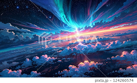 青い夜空と幻想的な光の背景 青い夜空と幻想的な光の背景 124260574